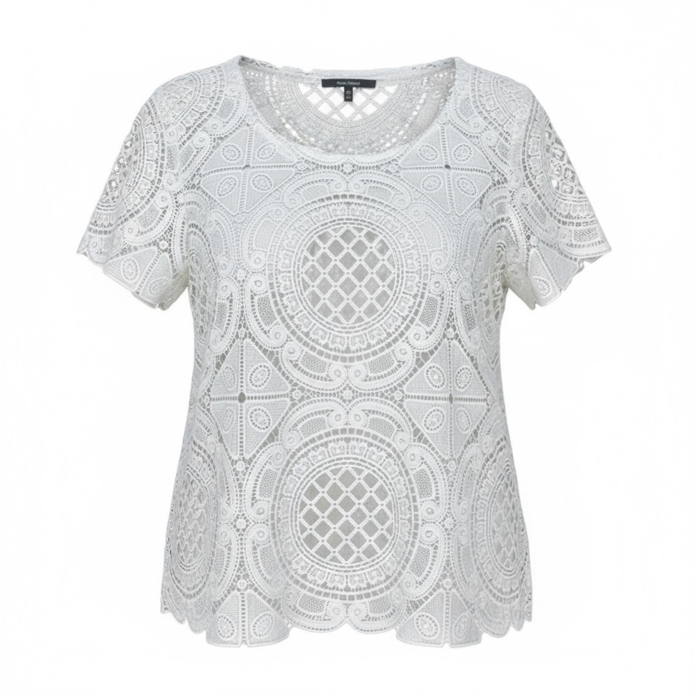 Anthropologie Blue Tassel Womens White Lace Short Sleeve Blouse S M Boho Chic